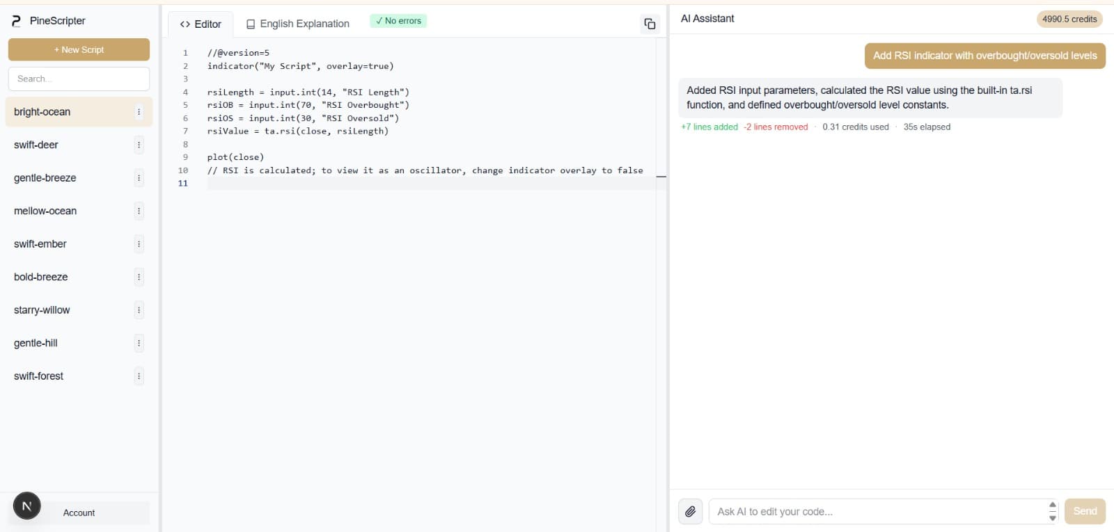 PineScripter Editor - Real-time Pine Script code generation